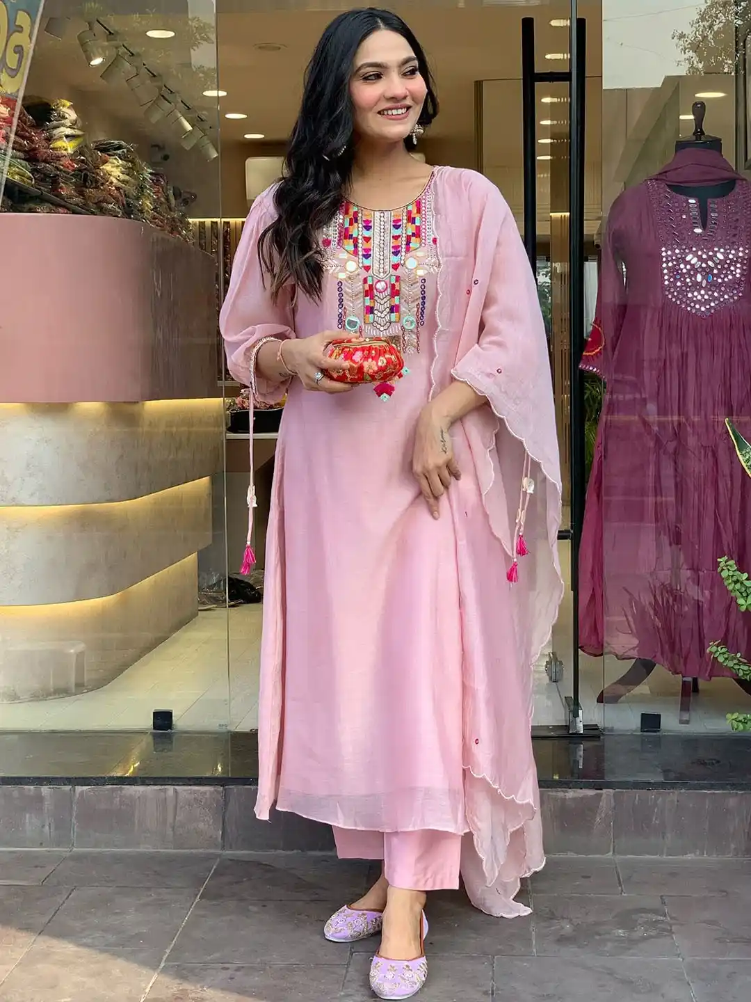 Embroidered Regular Mirror Work Chanderi Silk Kurta with Trousers & With Dupatta.png