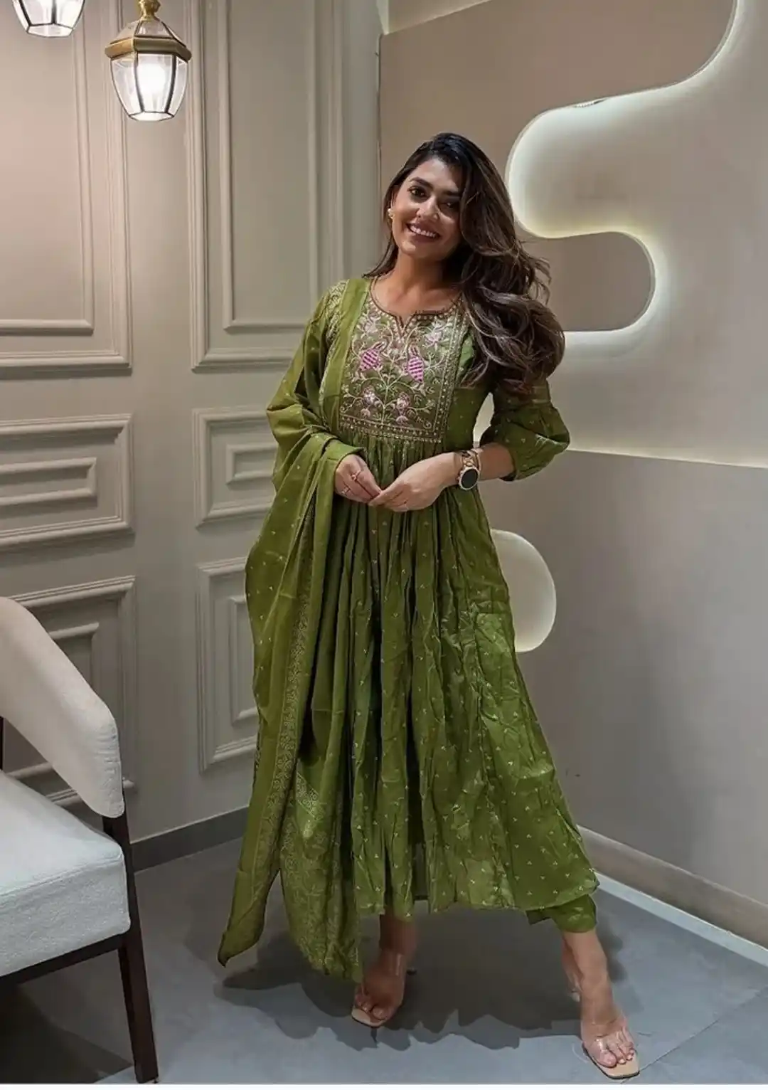 Green Flared 100% Pure Cotton Kurta Pant Dupatta Set ? Mehndi Colour.png