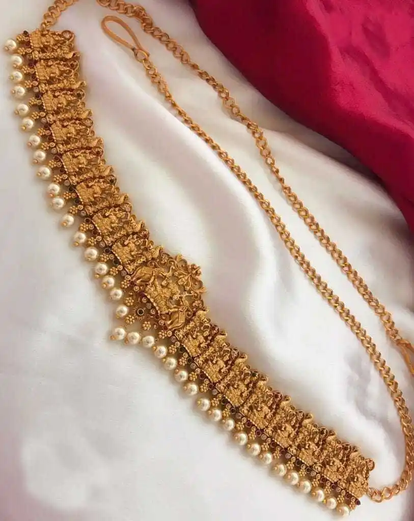 Kamarband Gold Plated White Pearls Studded Waist Hip Belt.png