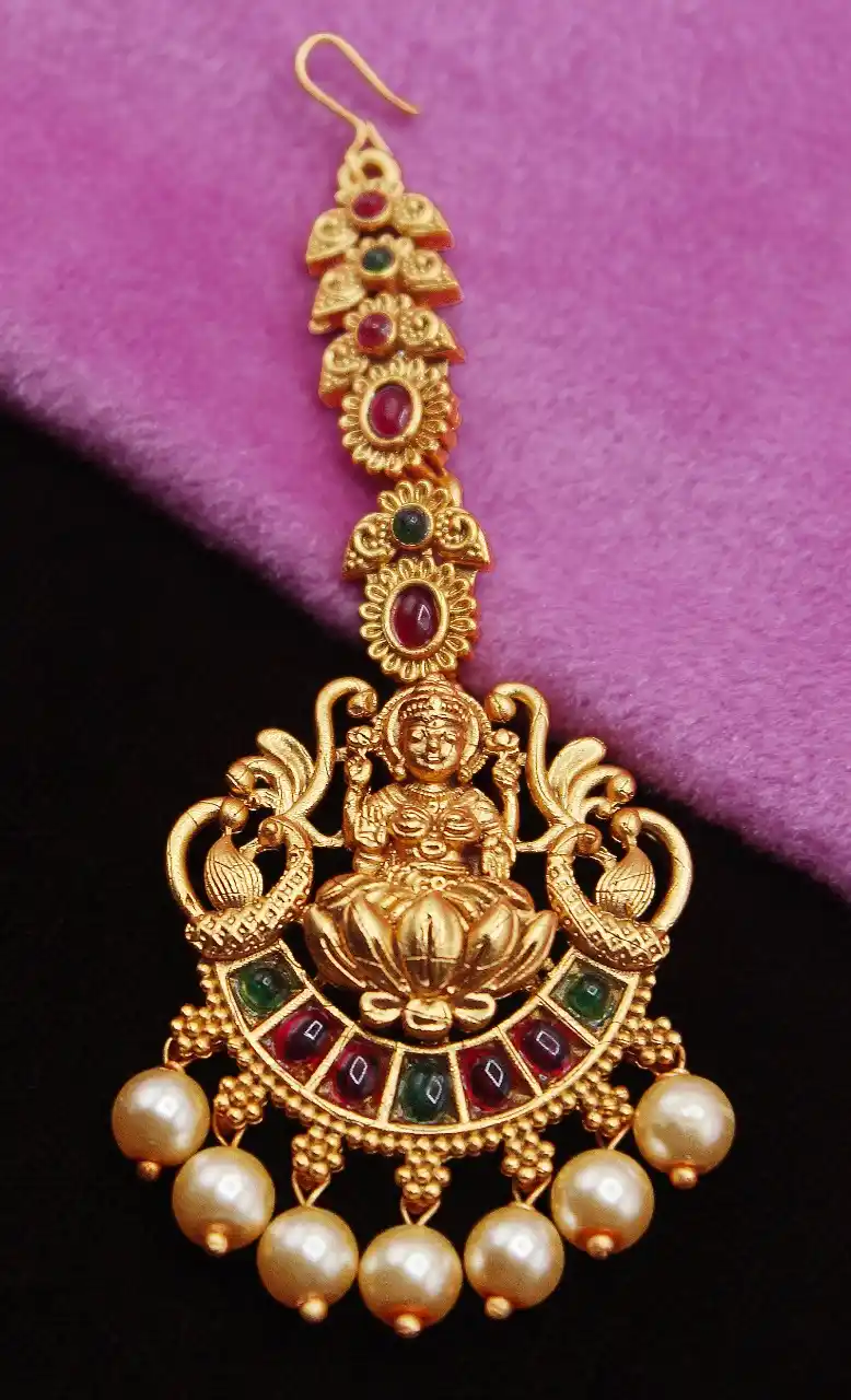 Gold Plated Green and Red Stone Beaded Maangtika with White Pearls.png