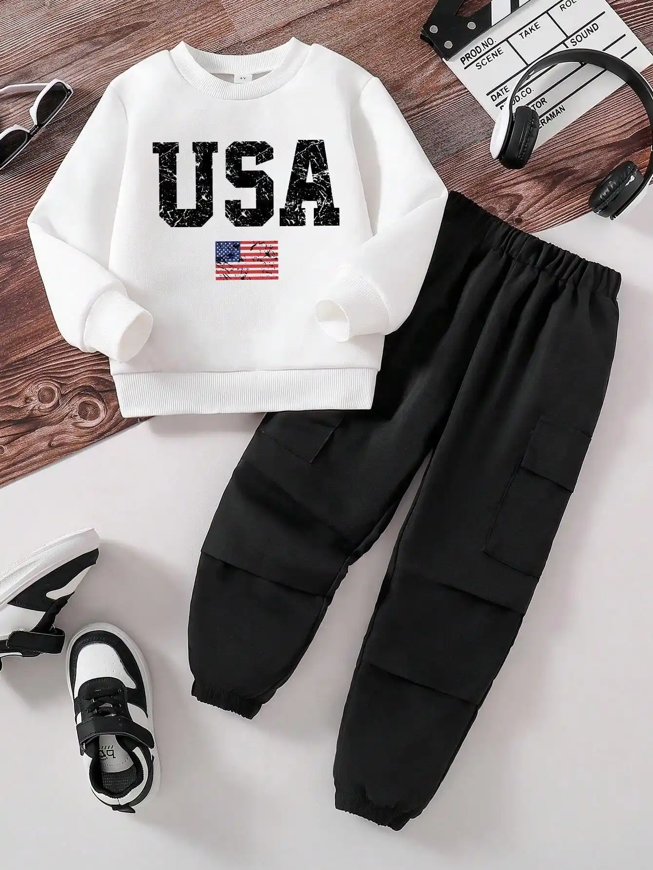 USA White Printed T-Shirt and Black Color Joggeres Set for Boys.png