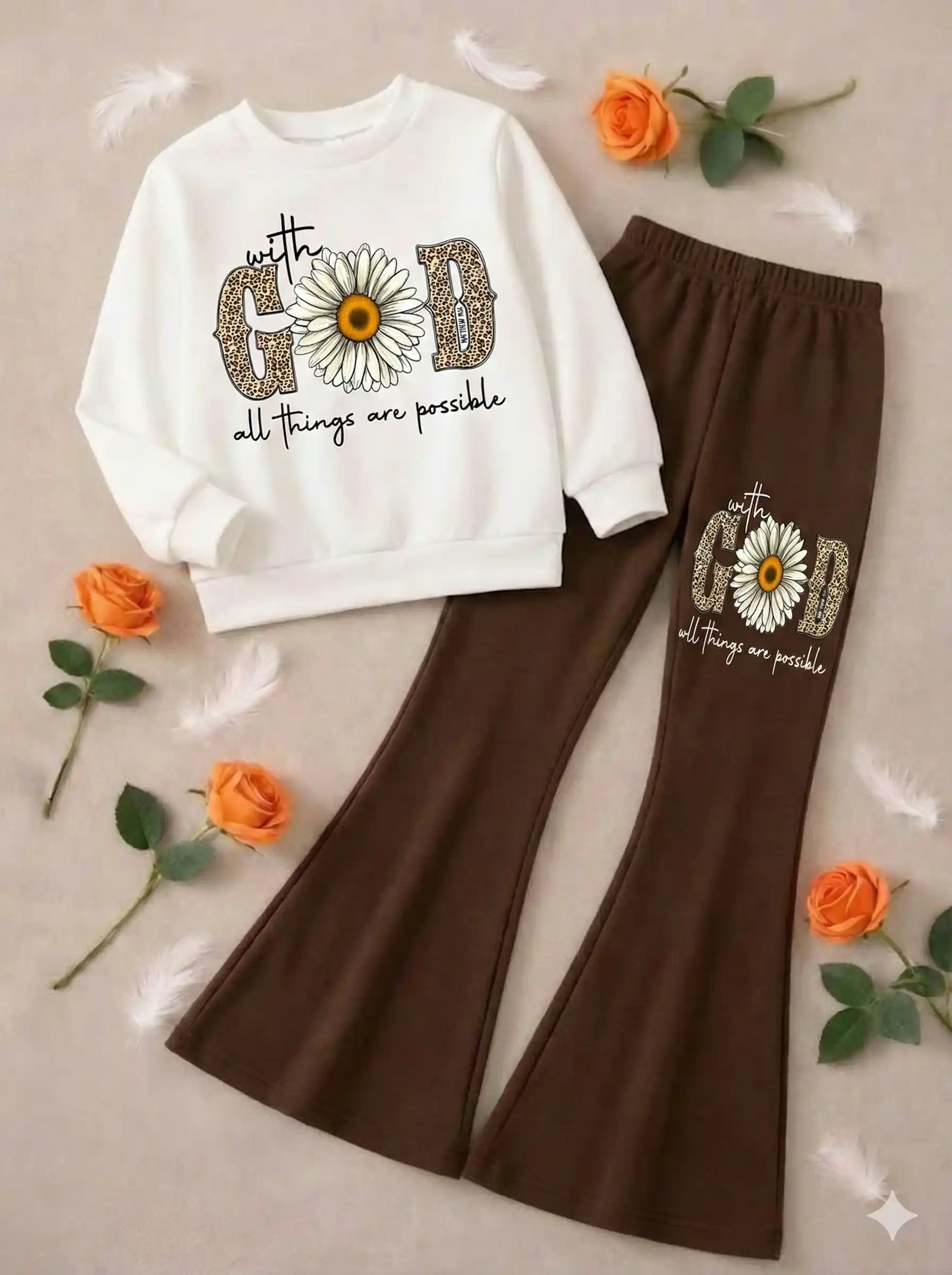 With God White & Brown Trendy Top and Bottom Set For Girls T-shirt And Plazza Set.png
