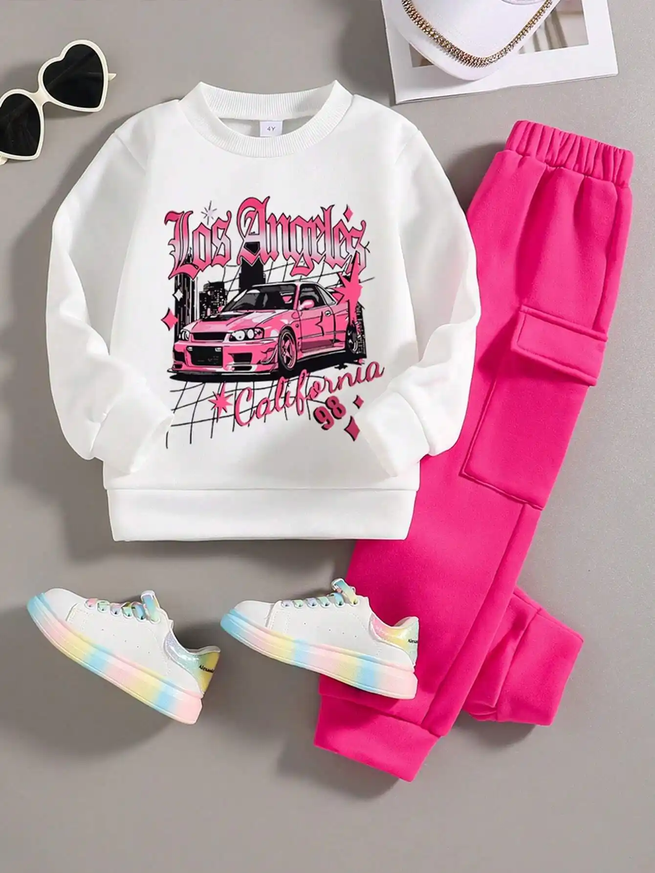 Car California White Printed T-Shirt and Pink Color Joggeres Set for Girls.png