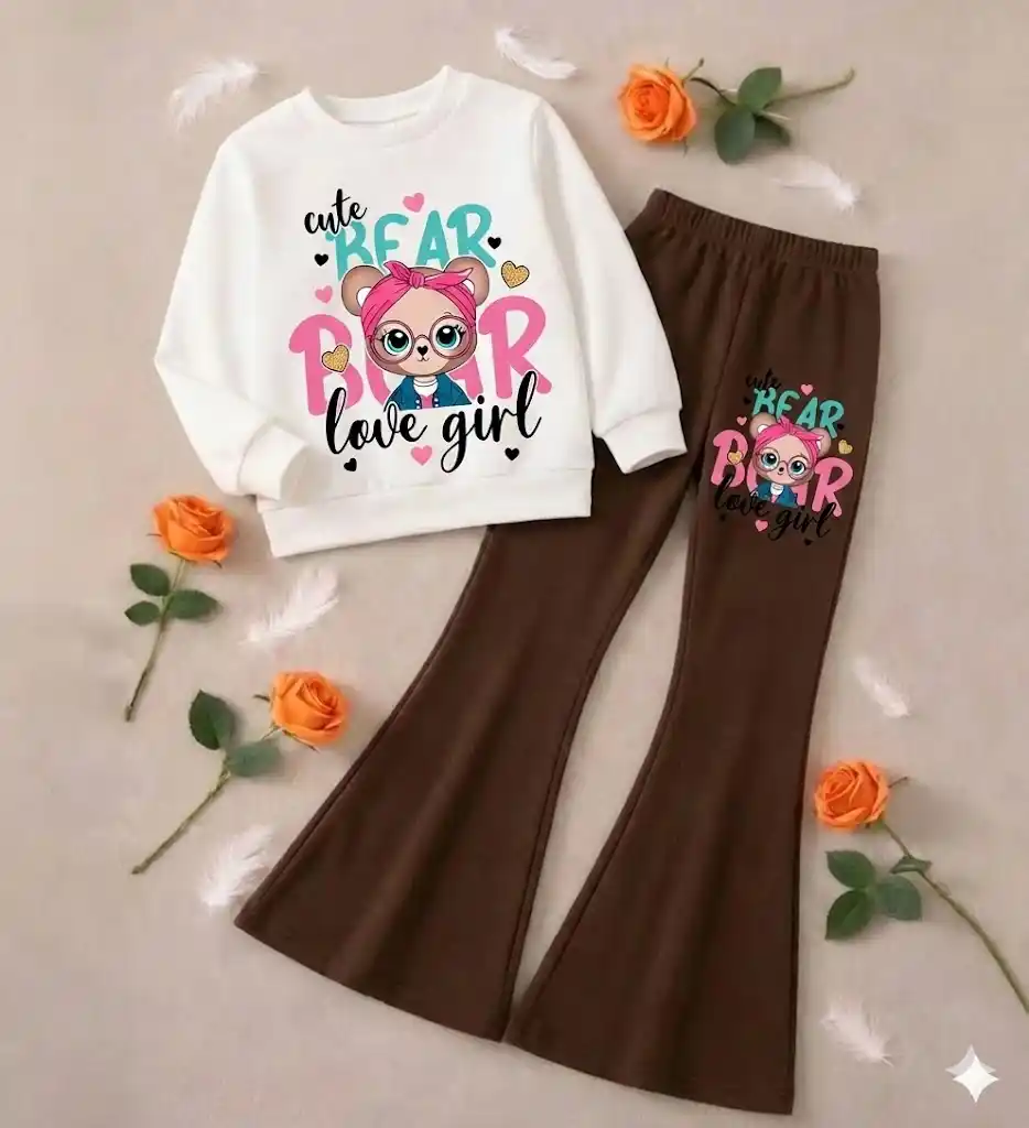 Cute bear love Girls  Trendy Top and Bottom Set For Girls T-shirt And Plazza Set.png