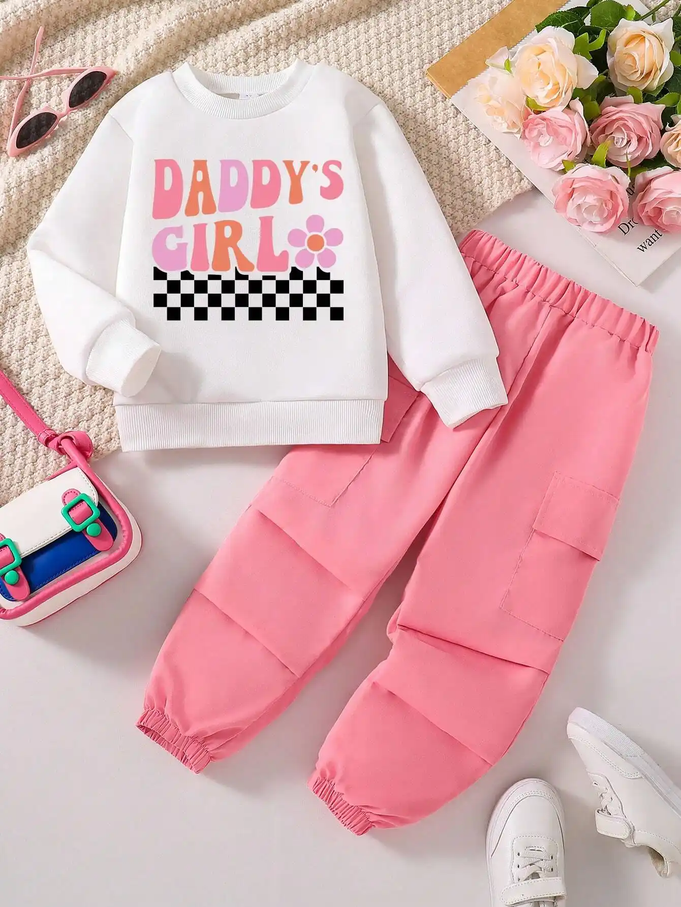 Daddy's Girl White Printed T-Shirt and Baby Pink Color Joggeres Set for Girls.png