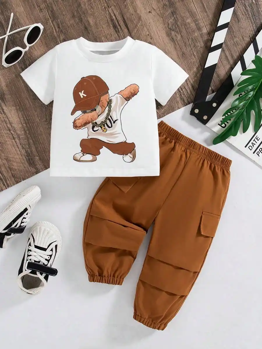 Panda Printed T-shirt And Joggers Set (White + Orange).png