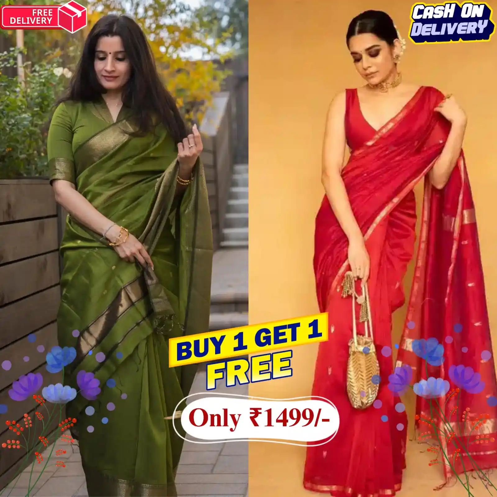 Pack of 2 | Green & Red Maheswari Silk Saree.png