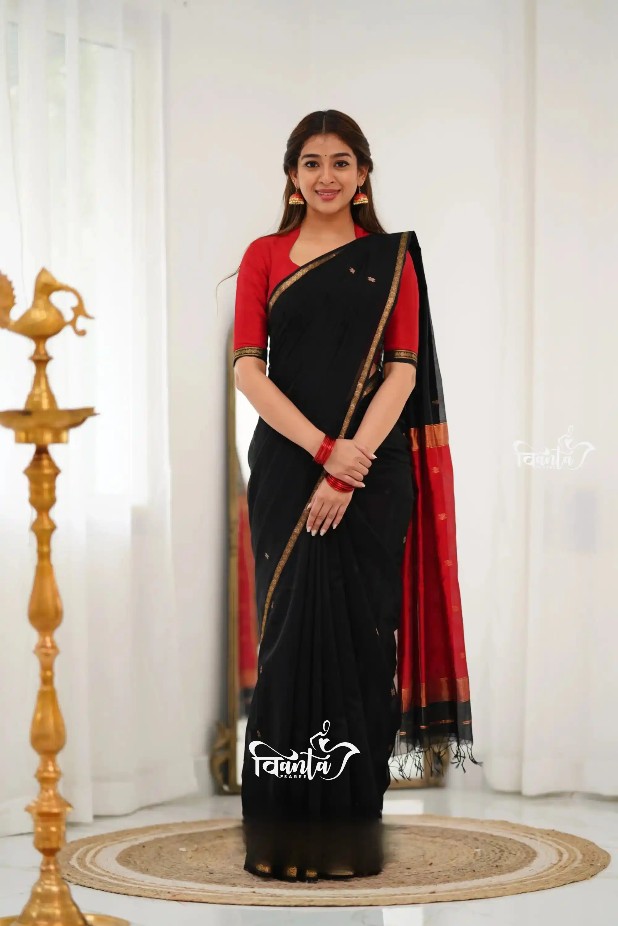 Maheswari Silk Cotton Saree - Black And Maroonish Red.png
