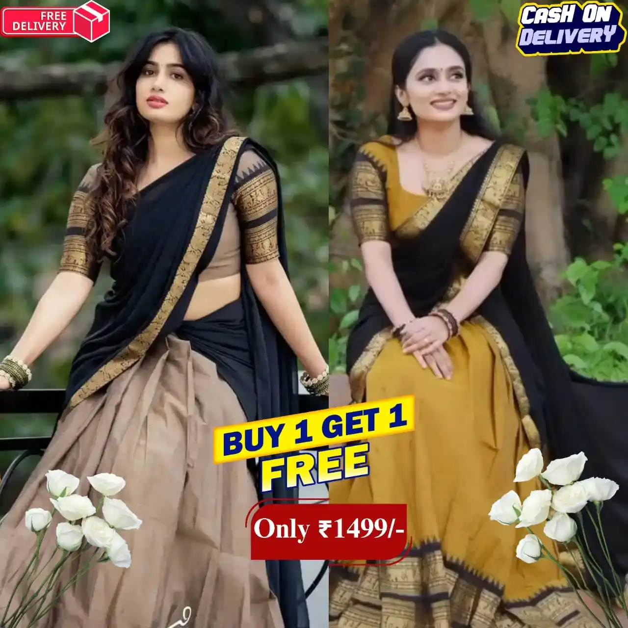 Pack of 2 | Grey & Gold Black Padmaja Cotton Half Saree.png