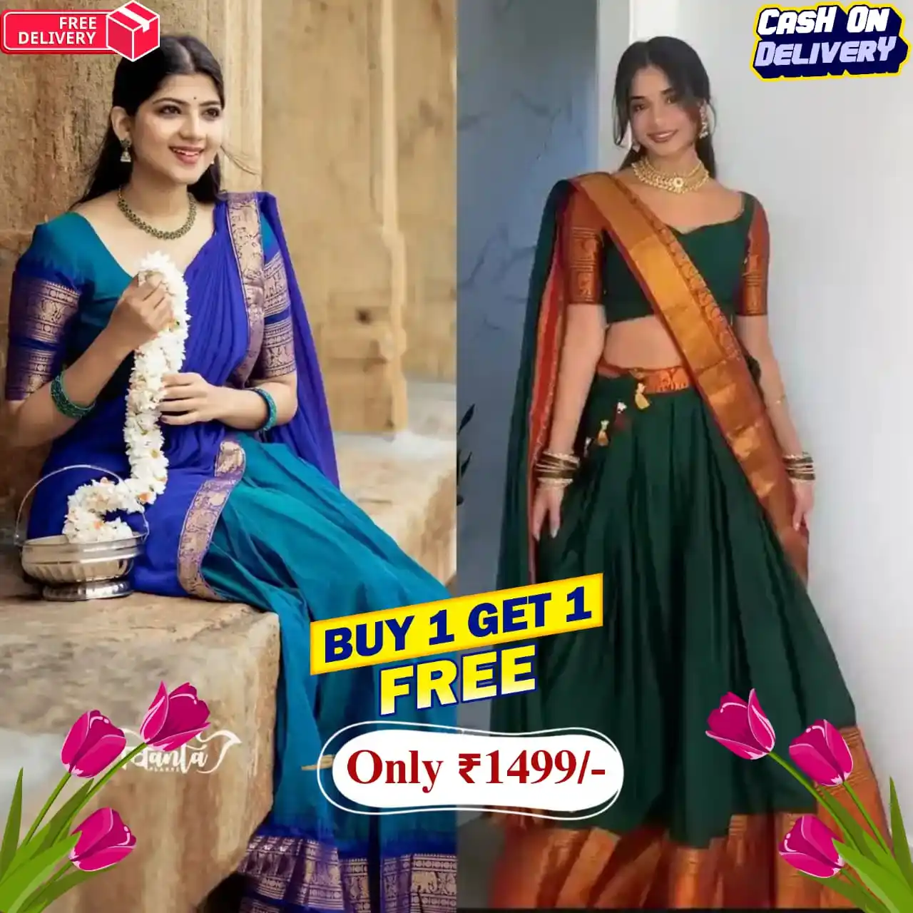 Pack of 2 | Blue & Green Padmaja Cotton Half Saree.png