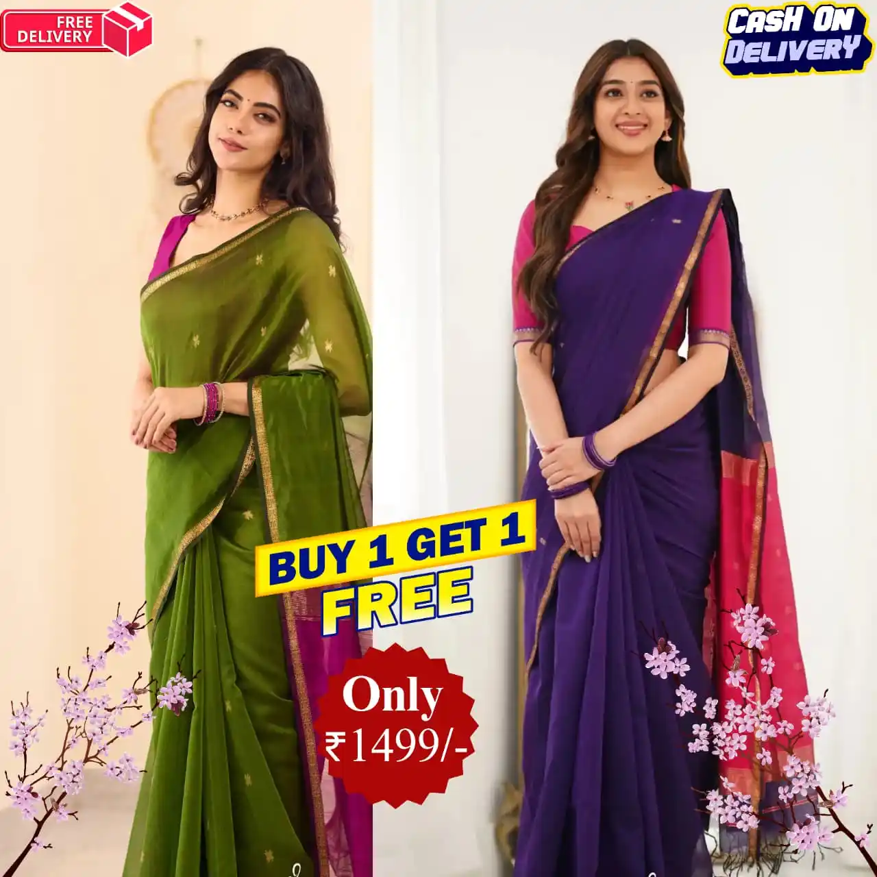 Pack of 2 | Green and Blue Maheswari Silk Saree.png