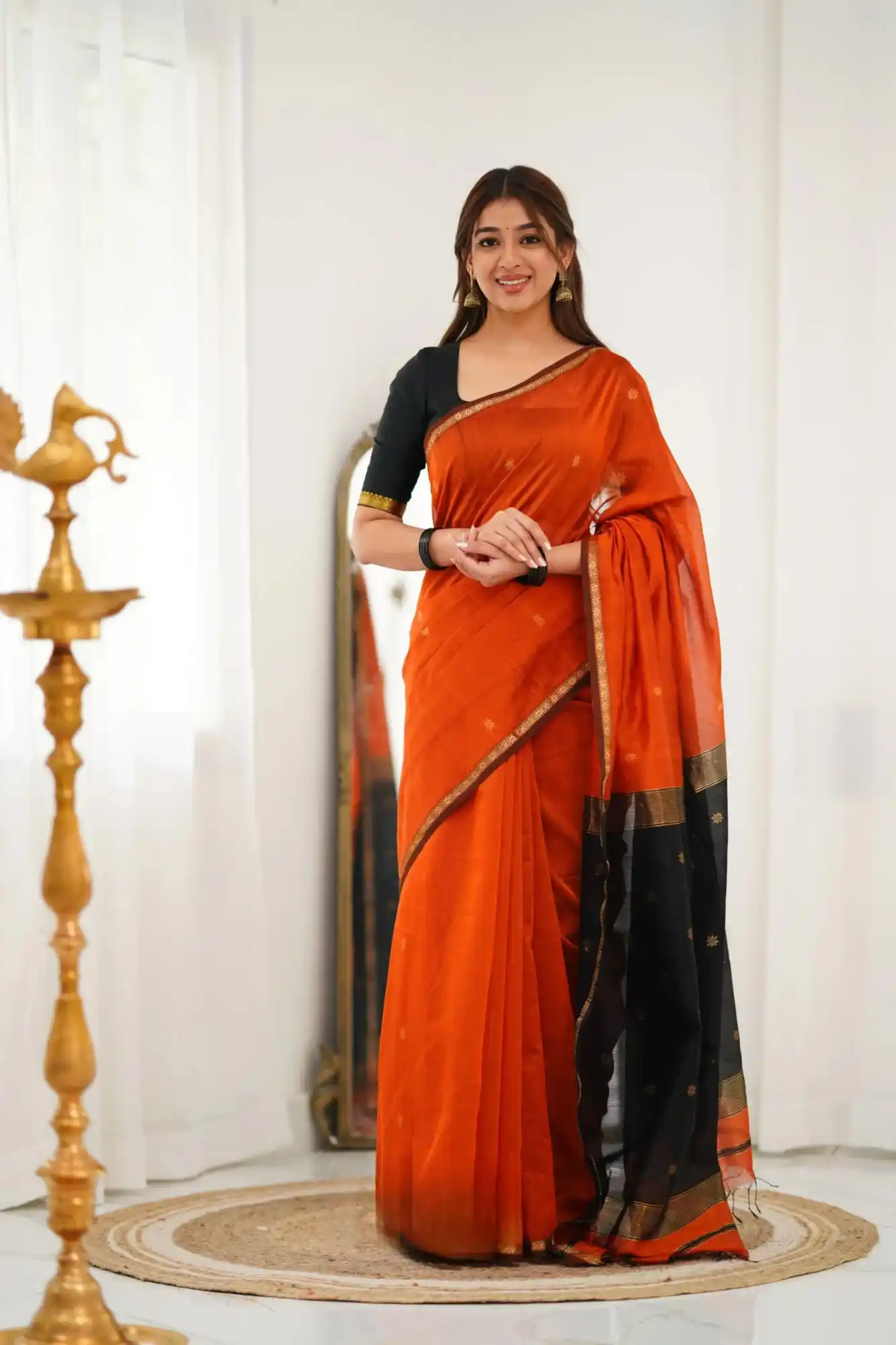 Maheswari Silk Cotton Saree Orange And Black.png