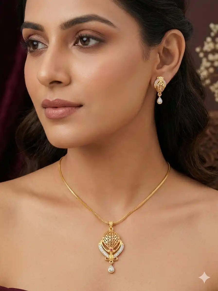Elegant Gold-Plated Filigree Pendant Necklace Set with AD Stone Drops with 18 inches chain.png