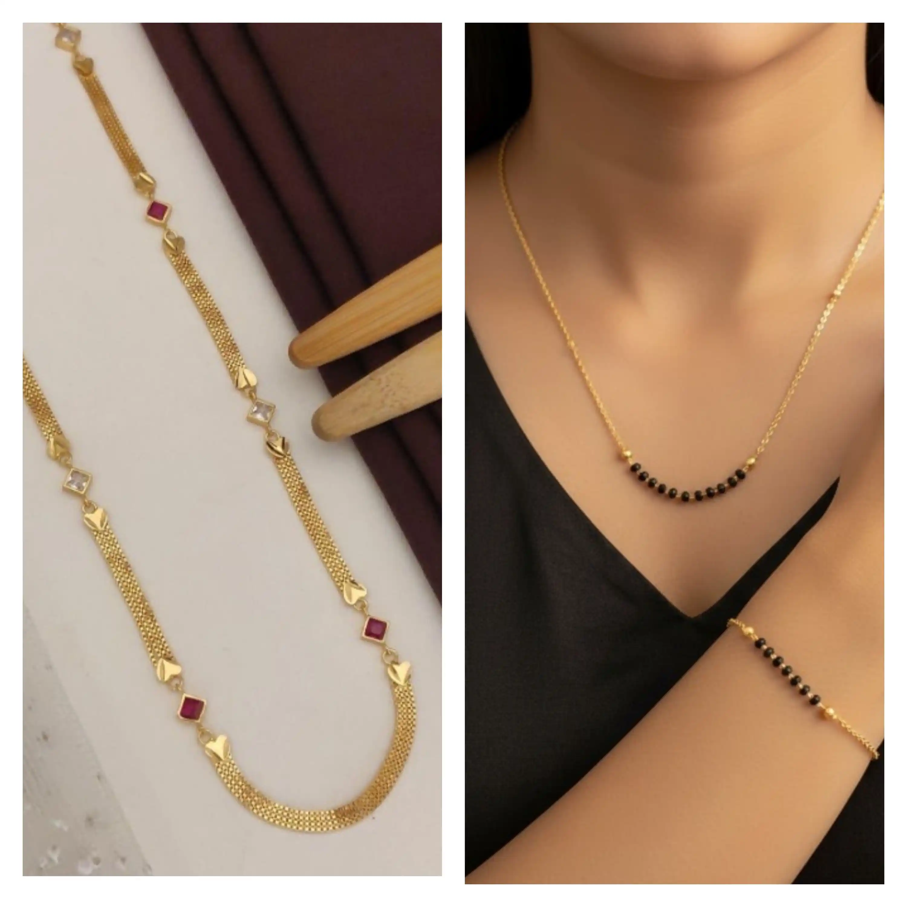 Elegant Micro Gold Plated Daily Wear Long Chain with Black Pearl Beaded Mangalsutra with Bracelet Combo.png