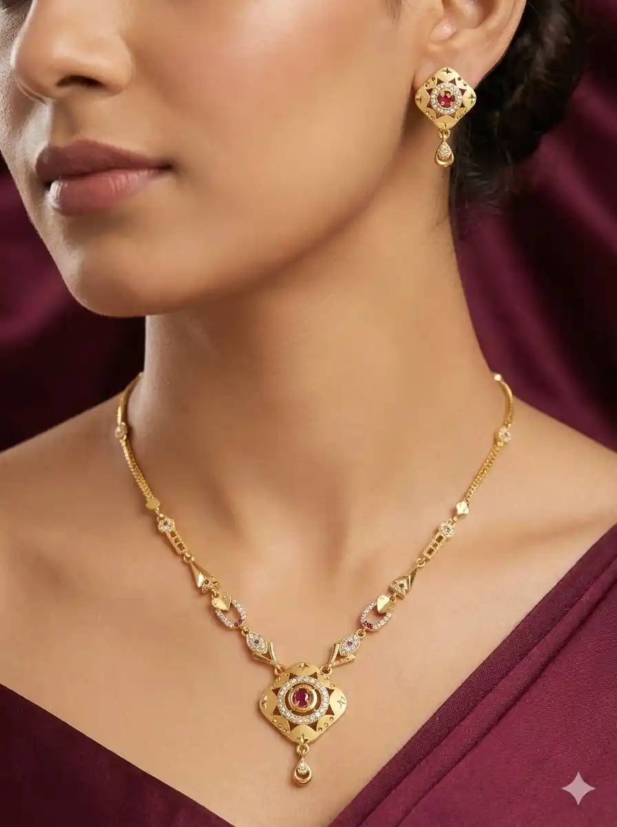 Micro Gold Plated AD Diamond Studded Forming Square Necklace with Earrings for Women.png