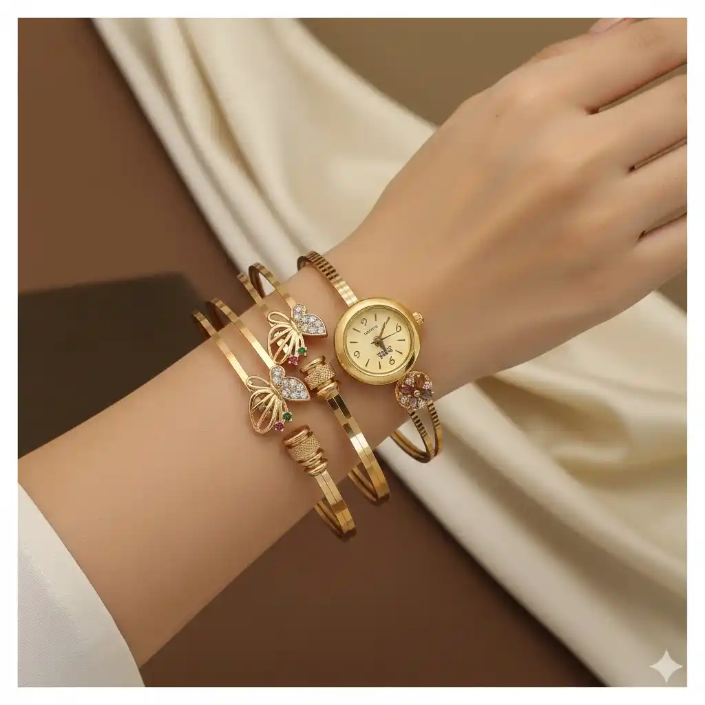 micro gold plated ad diamond studed fancy butterfly kadli and watch combo.png
