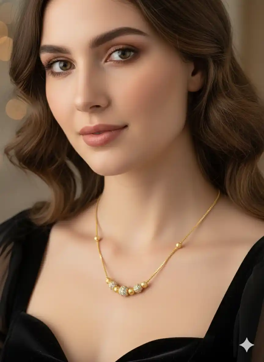 Micro Gold Plated And Diamond Beaded Chain Necklace For Women.png