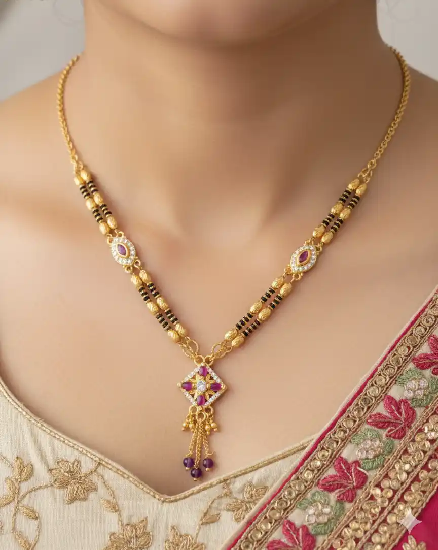 Micro Gold Plated And Diamond Square Pendant Mangalsutra with Ruby Accents.png
