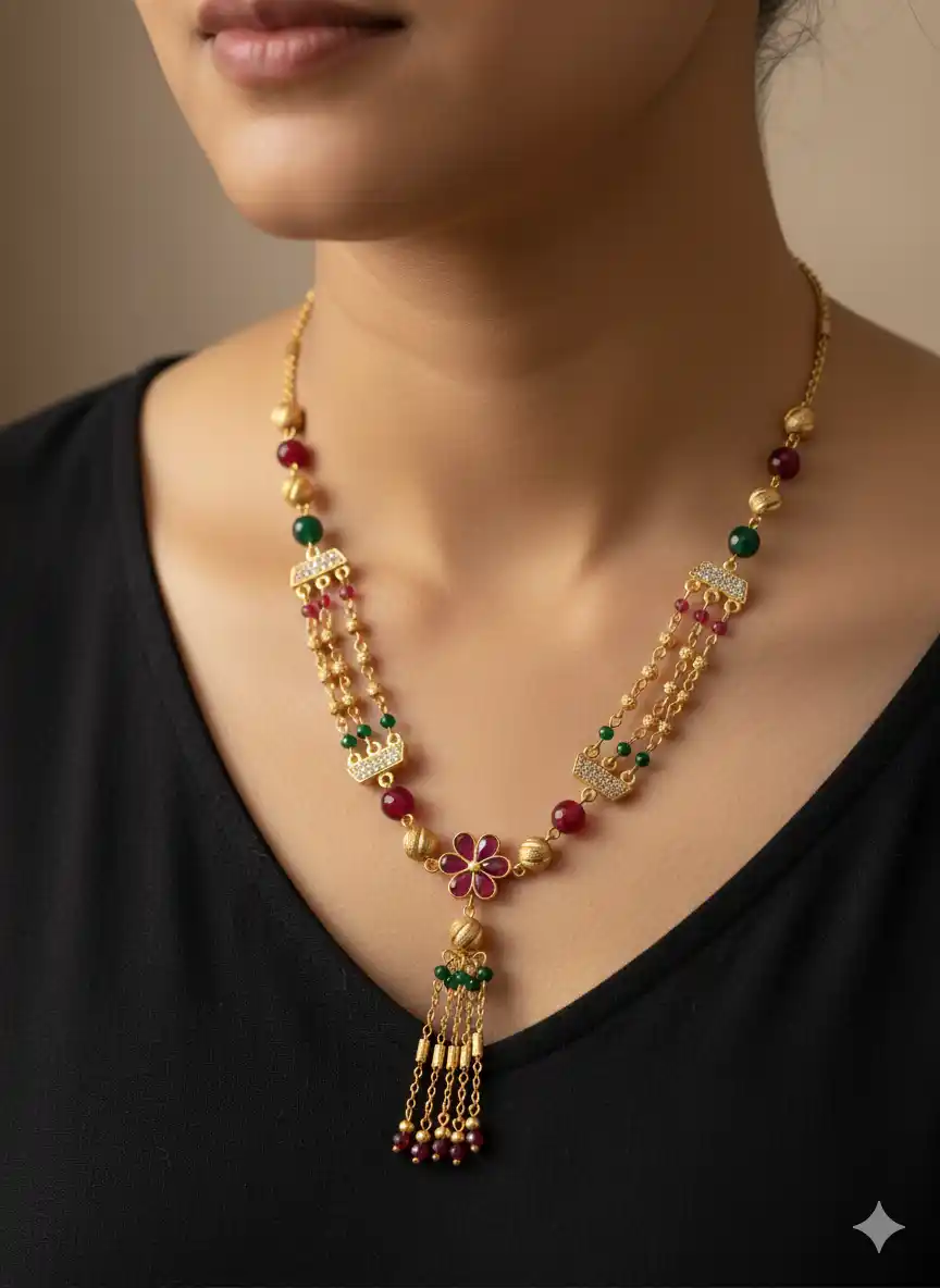 Golden Ruby And And Diamond Floral Pendant Chain For Women.png