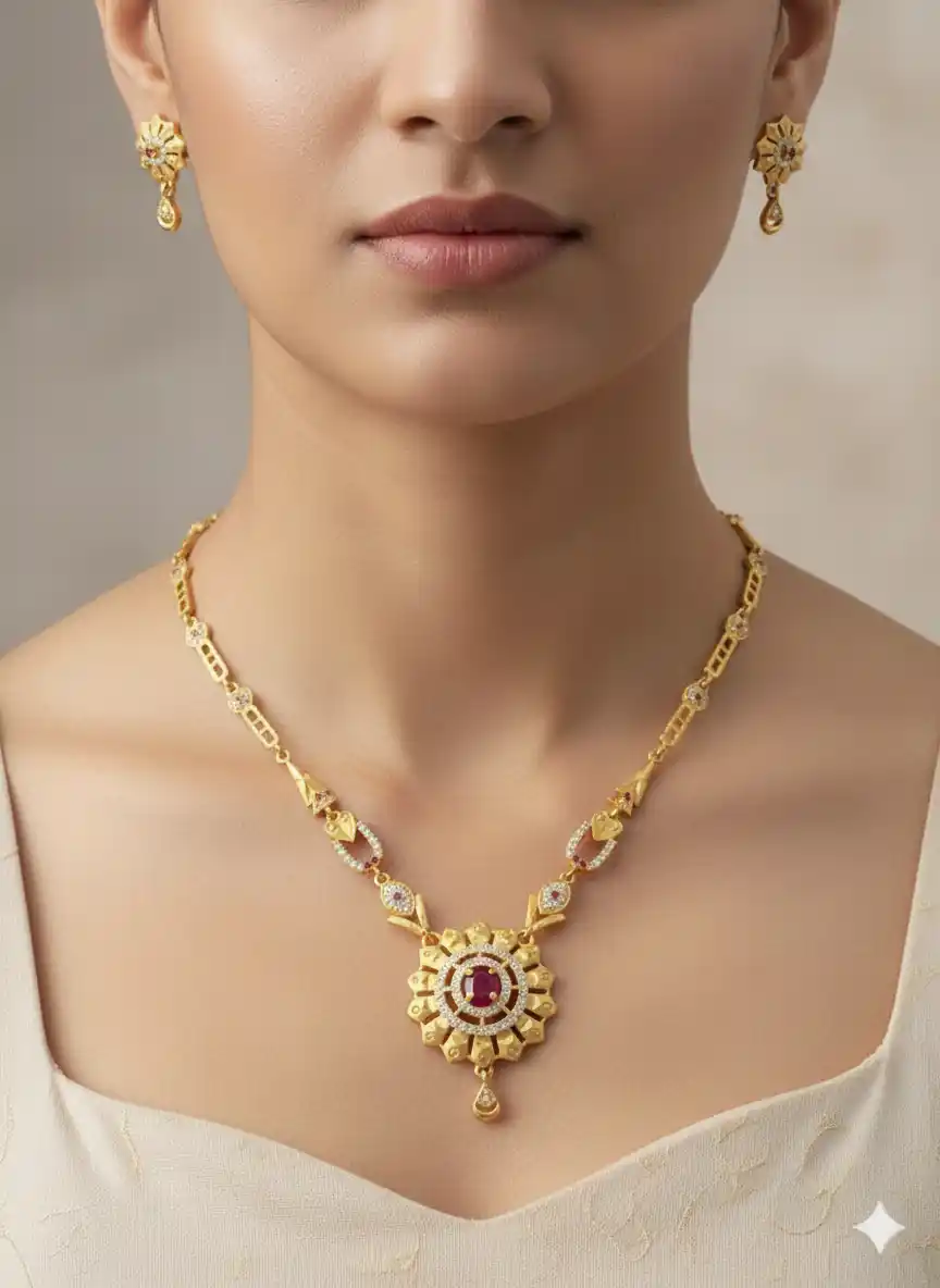Micro Gold Plated And Diamond Studded Fancy Forming Flower Necklace with Earing.png