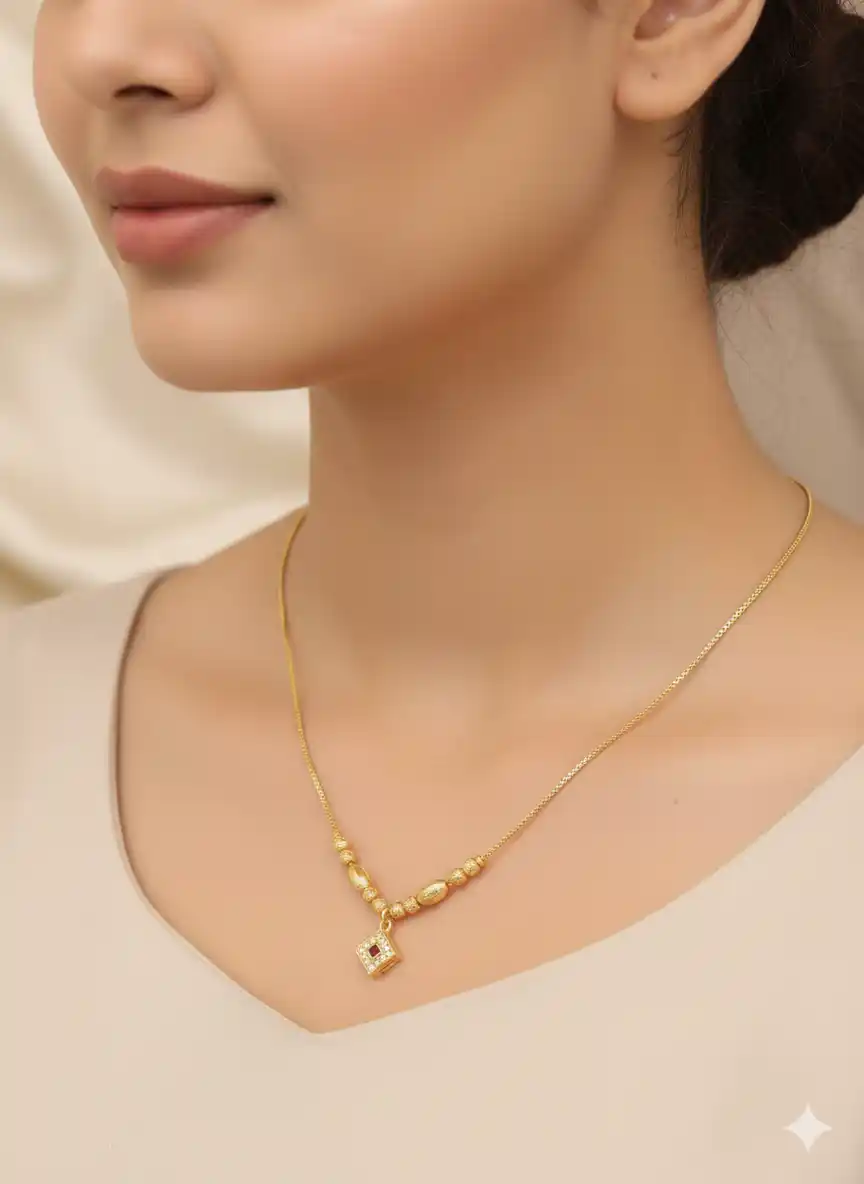 Micro Gold Plated Beaded Chain with Square And Stone Pendant For Women.png
