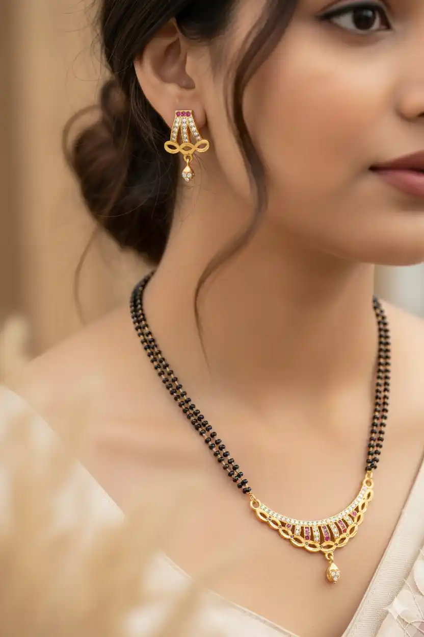 Elegant Curved AD Diamond & Ruby Stone Gold-Plated 24 inches Mangalsutra with earring.png