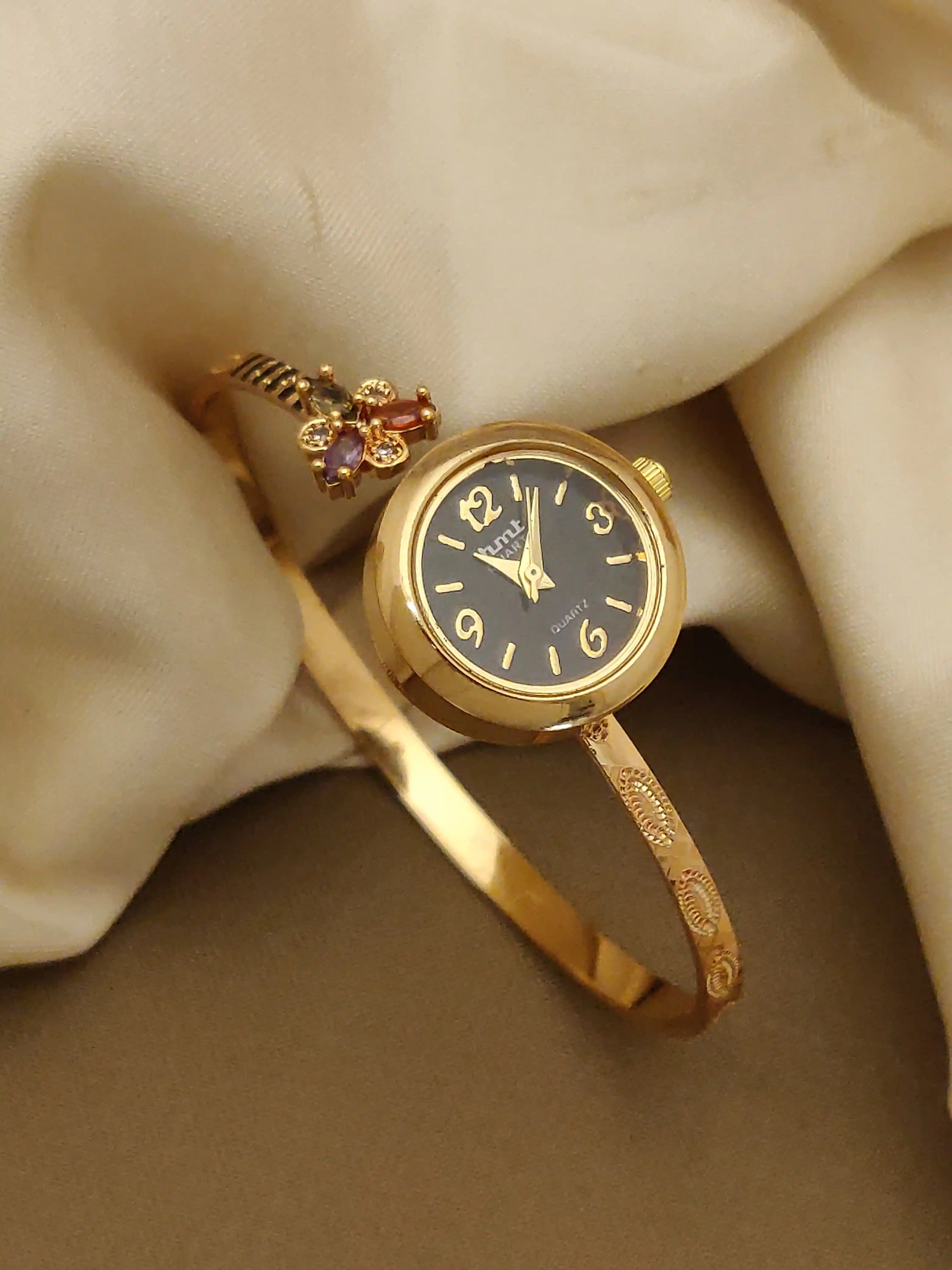 Premium High Gold Plated AD Diamond Studded Flower Adjustable Black Watch for Women.png