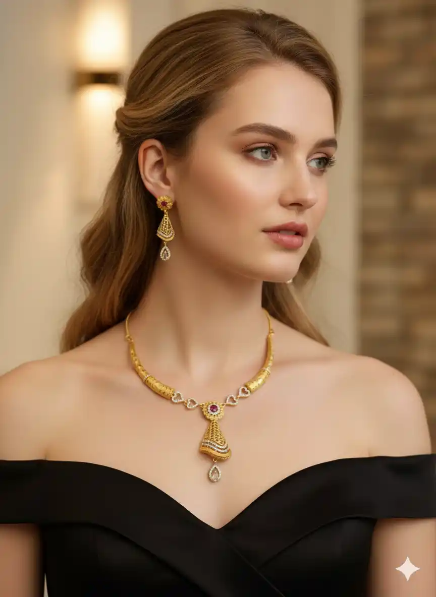Traditional Micro Gold Plated AD Diamond Necklace Set with Matching Earrings.png