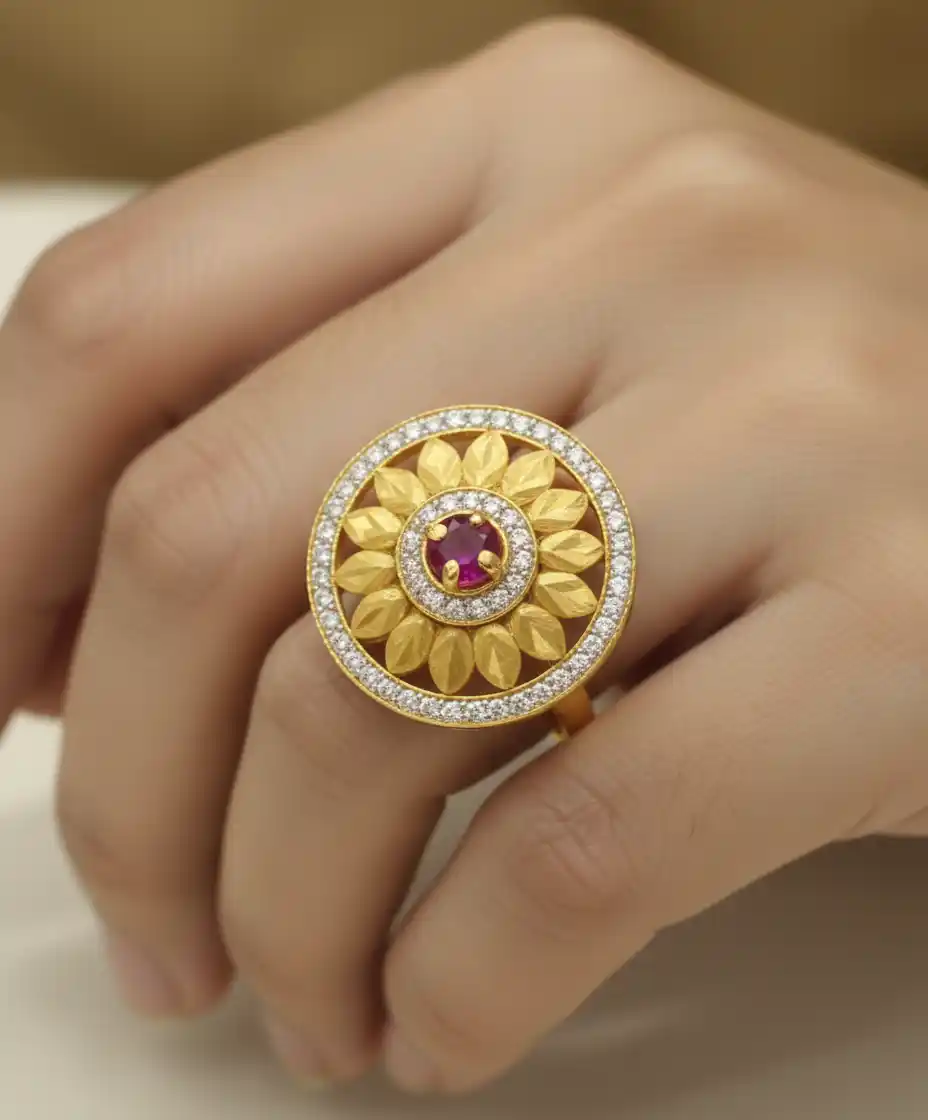 Micro Gold Plated AD Diamond Studded Fancy Sunflower Design Adjustable Finger Ring.png