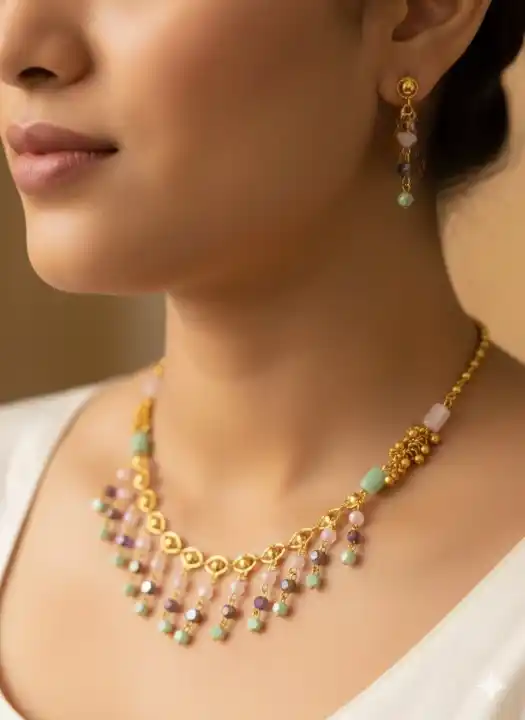 Classic Gold & Pastel Beads Choker Necklace set.png