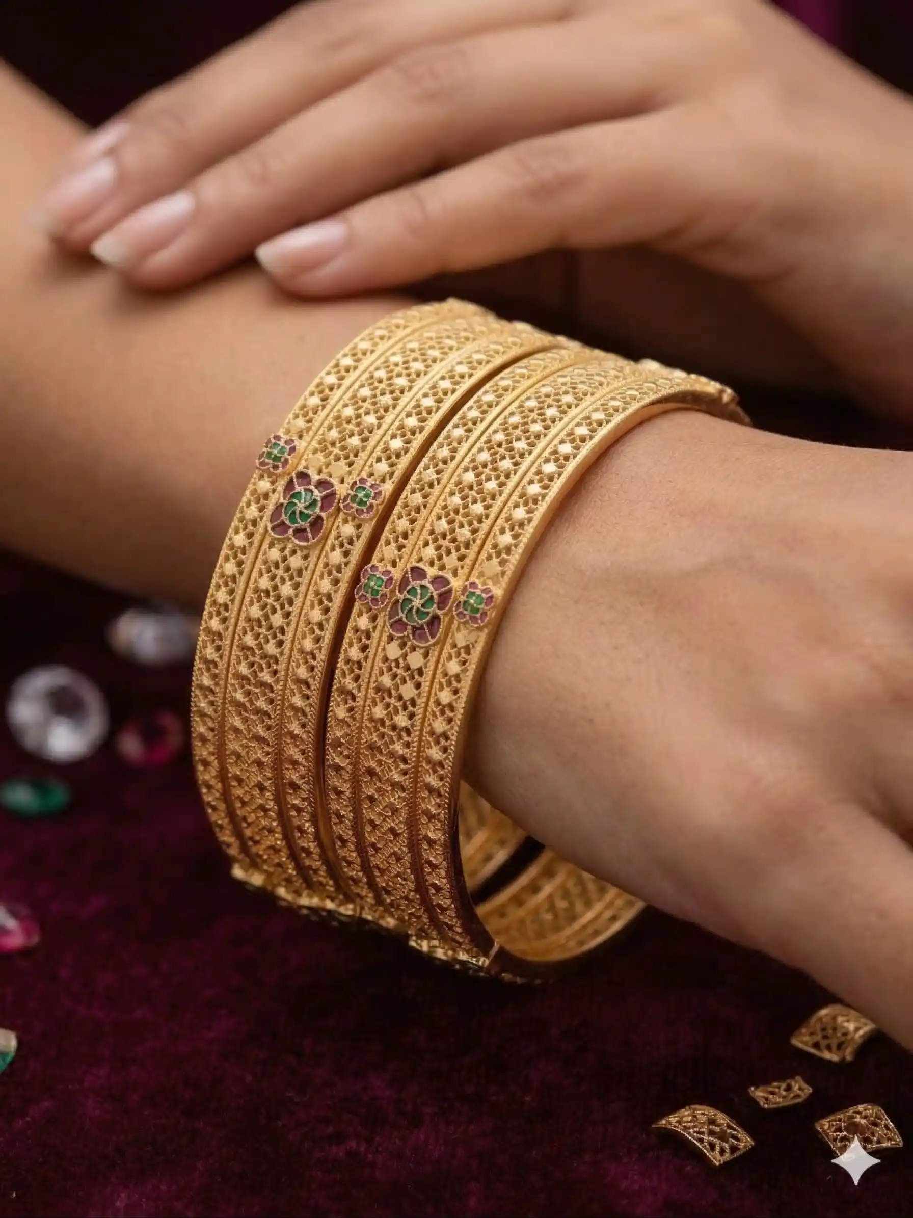 Royal Floral Filigree Micro Gold Plated Ruby & Emerald Stone Studded Fancy Bangles Set.png