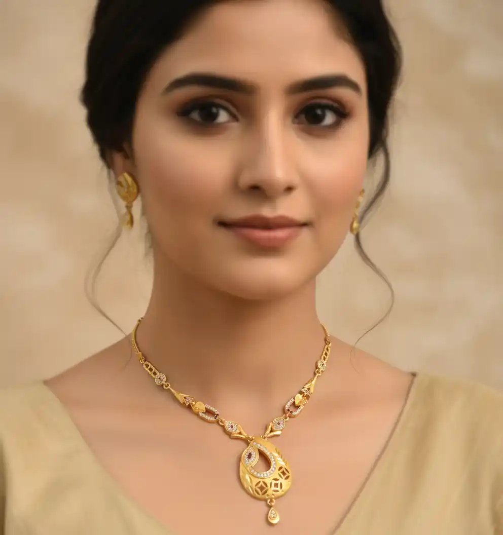 Micro Gold Plated And Diamond Studded Fancy Oval Pendant Set with Earring.png