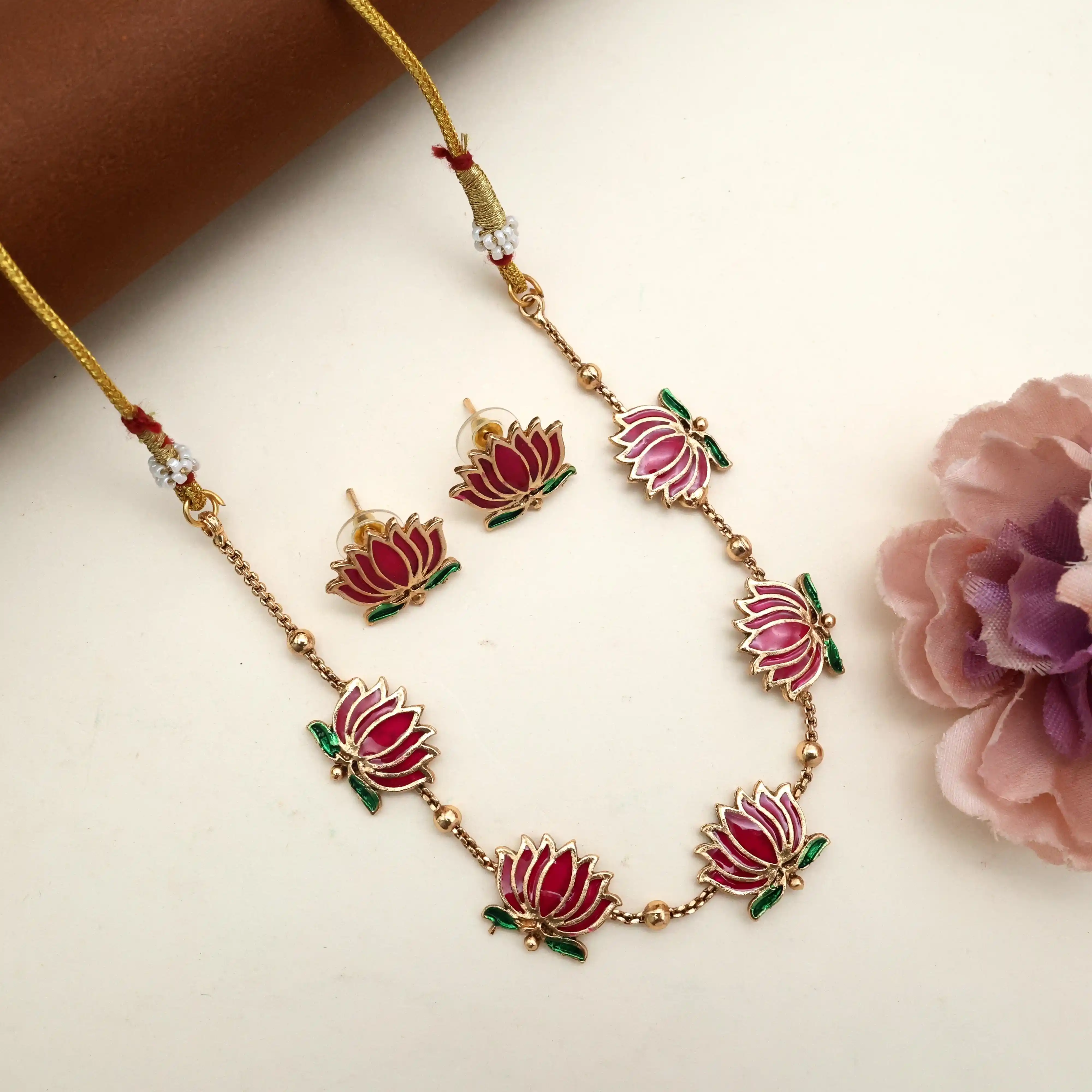Micro Gold Plated Meena Work Pink Lotus Necklace with Earrings for Women.png