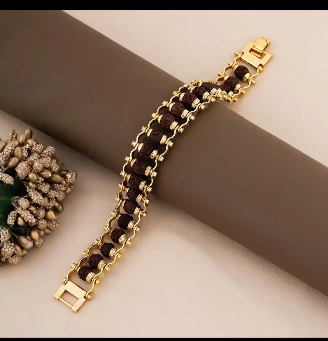 Brass Rudraksha Bracelet For Men 5 Mukhi Rudraksha Beads Embedded in Gold Plated.png