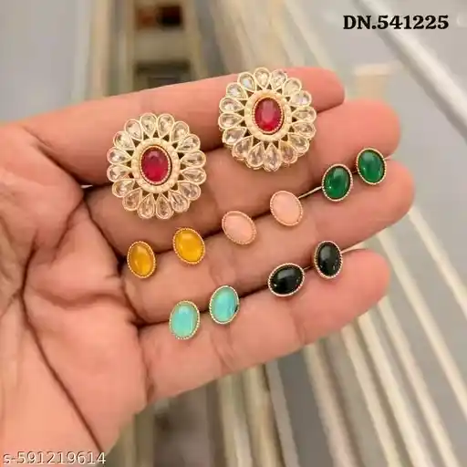 Designer Gold Plated AD Stud Earrings Combo with Multi-Color Stones(changable earring ).png