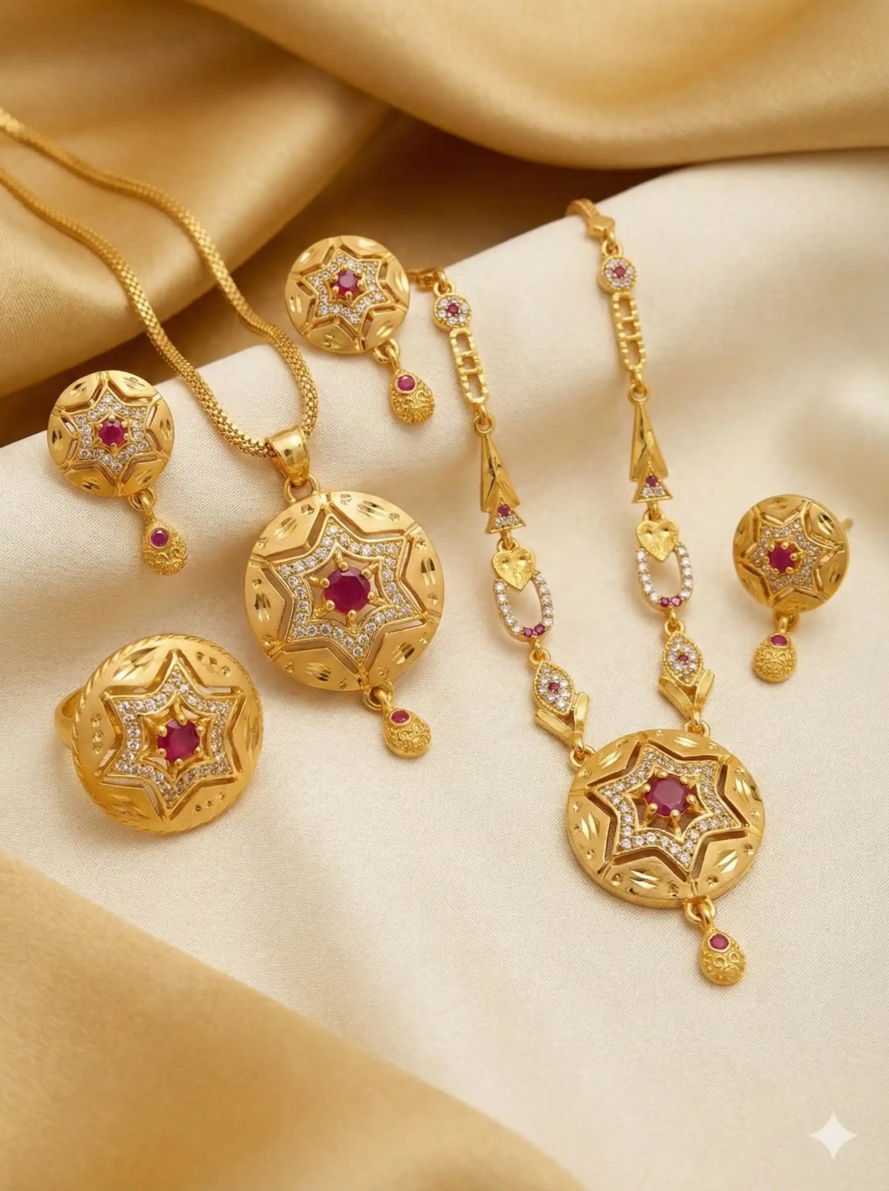 Royal Starburst Ruby Gold-Plated Necklace & Pendant Earring Set with Adjustable Ring.png