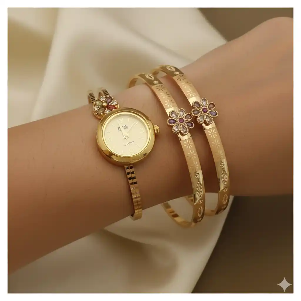 Micro Gold Plated And Diamond Studded Fancy Adjustable Bangle with Adjustable Bracelet Watch.png