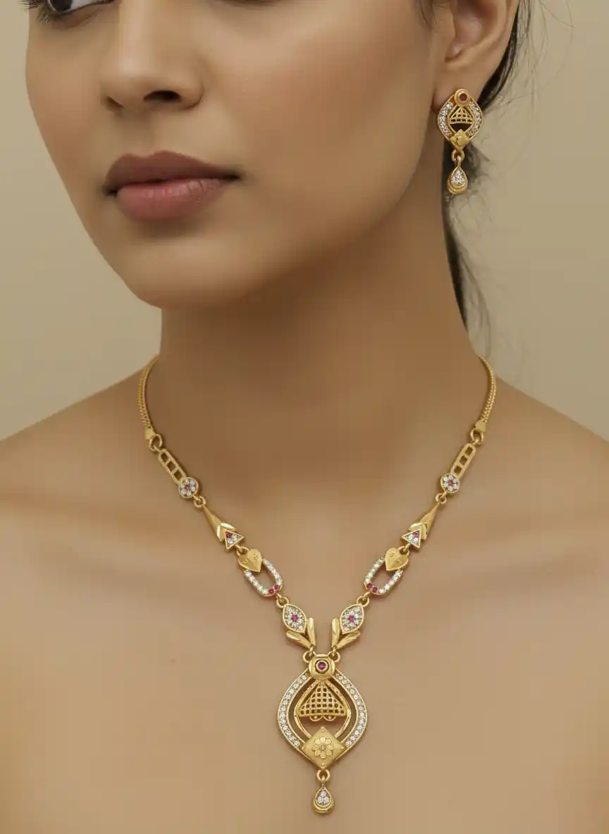 Micro Gold Plated And Diamond Studded Fancy Forming Necklace with Earrings For Women.png