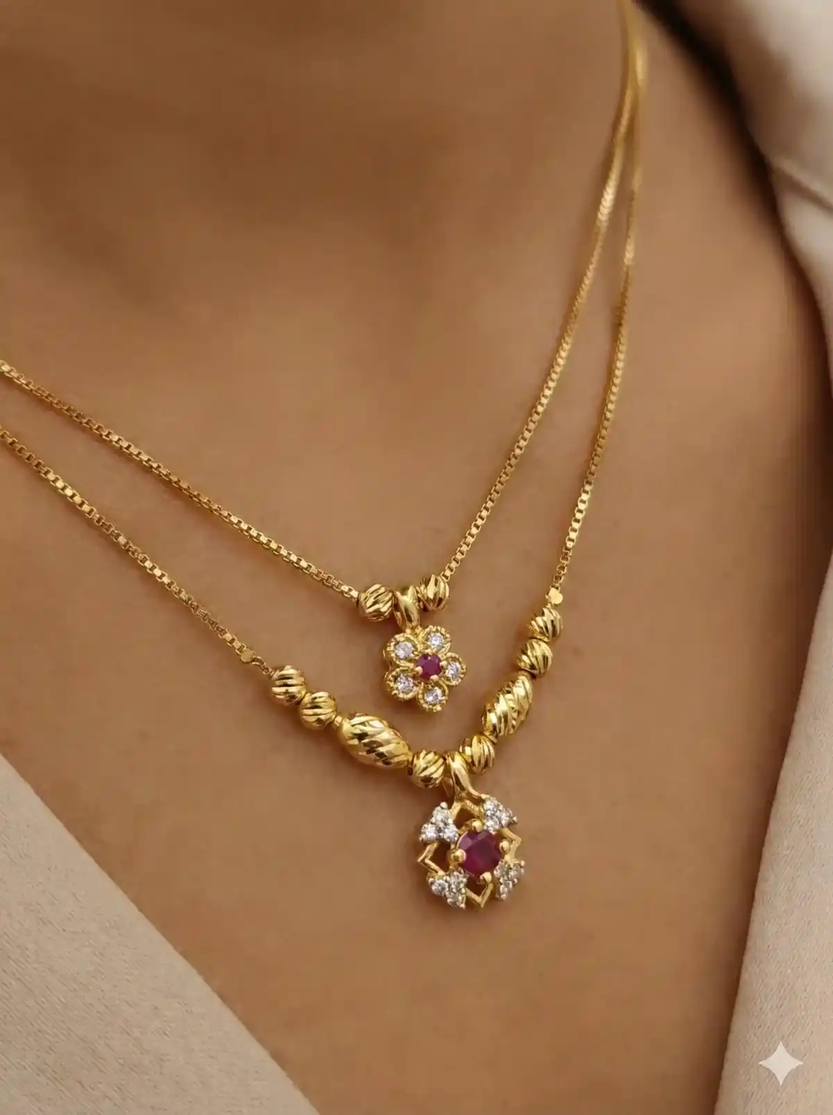 Micro Gold Plated AD Diamond Studded Ruby Floral Dual-Layer Pendant Necklace.png