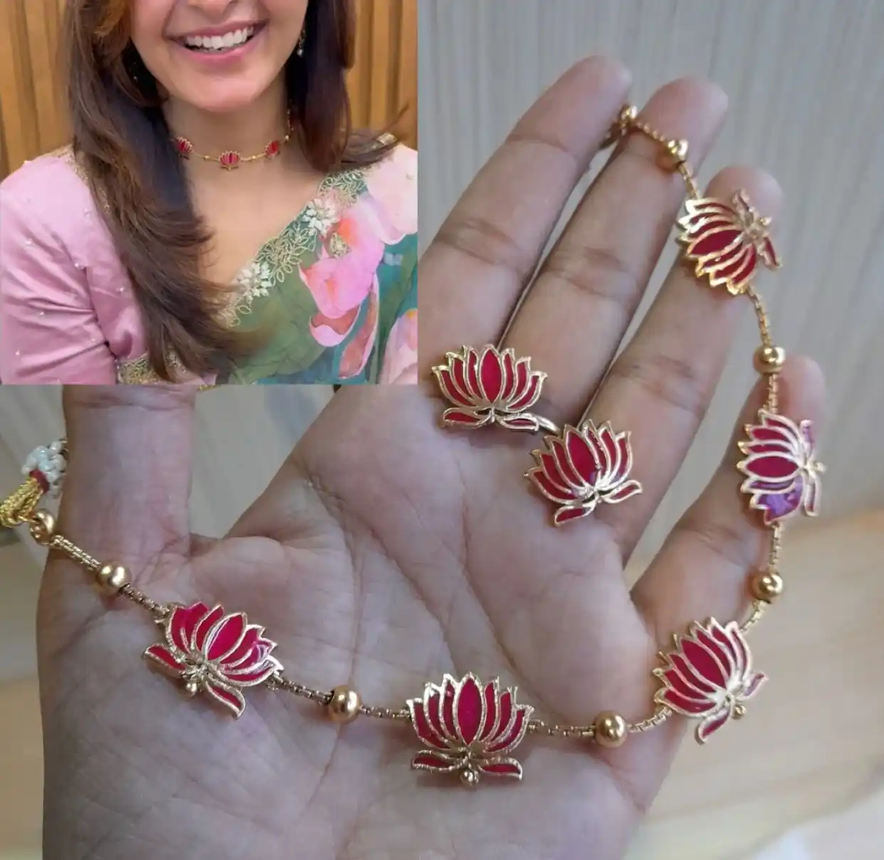 High Gold Plated Meena Work Pink Lotus Necklace with Earrings for Women.png