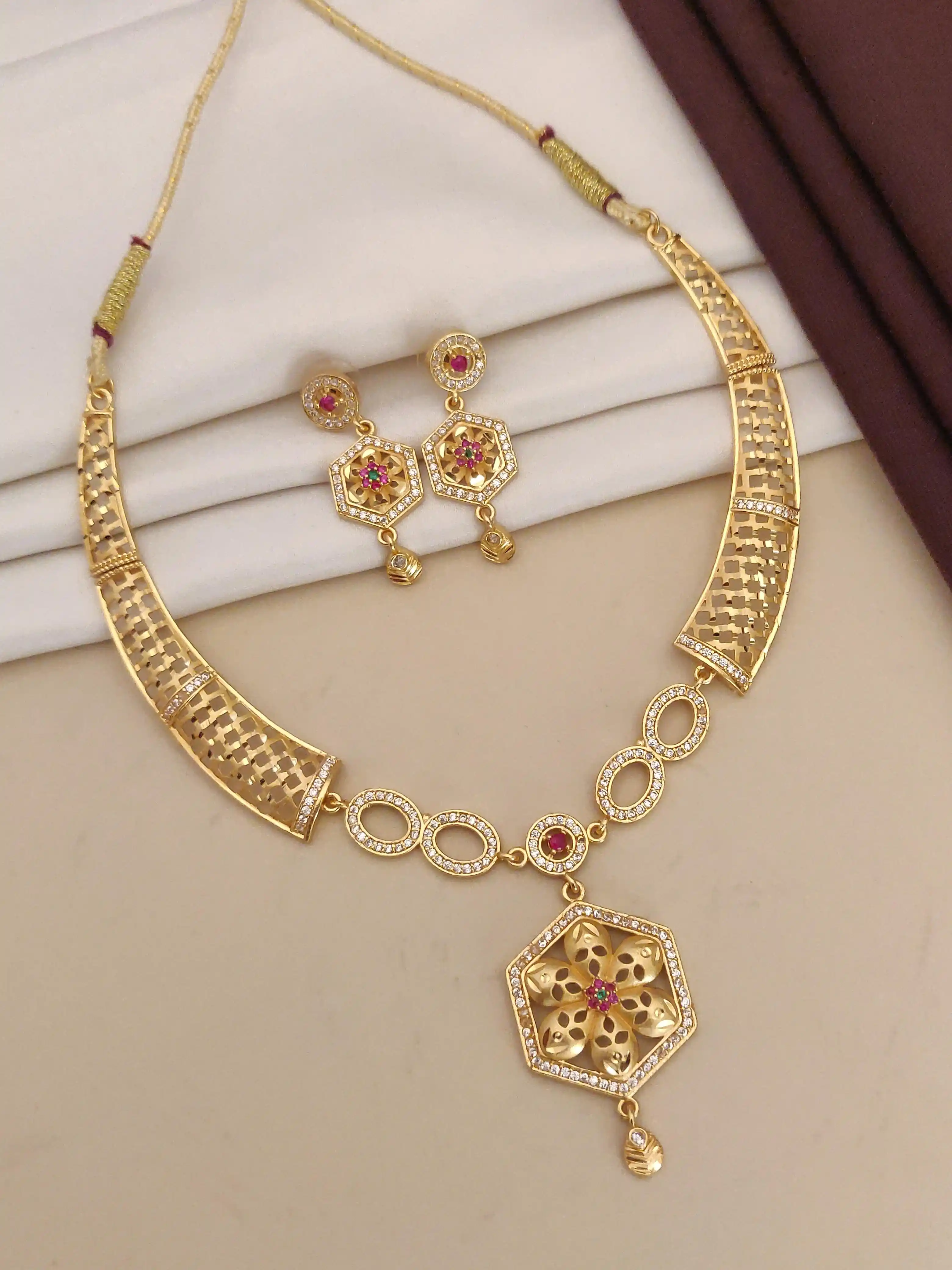 Elegant Gold Plated Flower Design Necklace Set with AD Diamonds.png