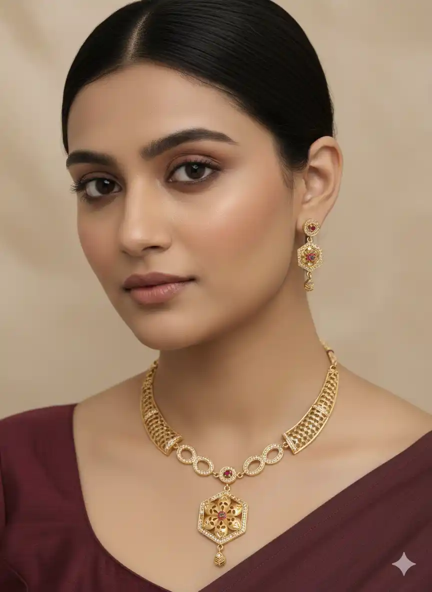 Designer high gold plated ad diamond studed fancy flower necklace with earring.png