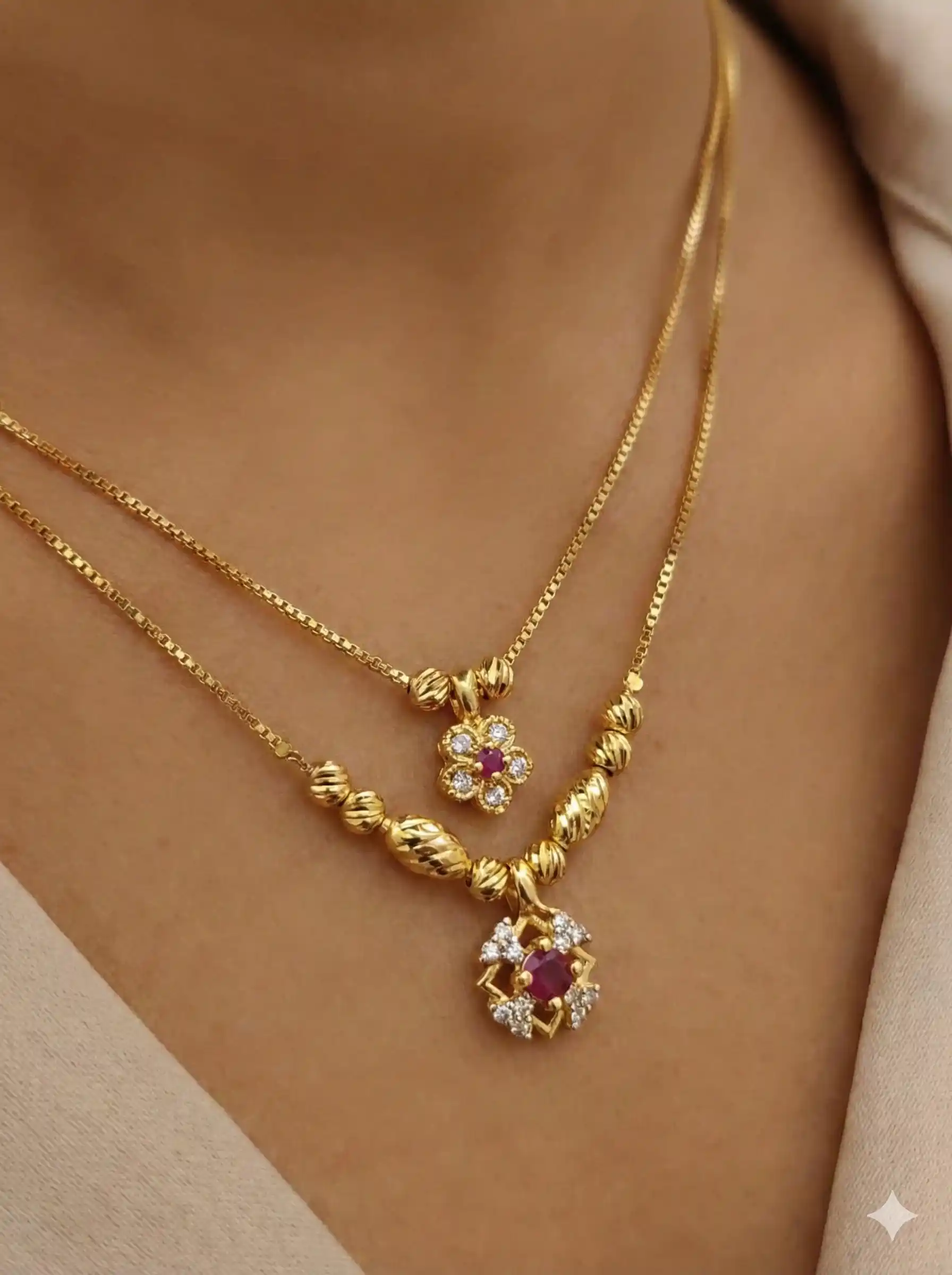 Micro Gold Plated AD Diamond Studded Ruby Floral Dual-Layer Pendant Necklace.png