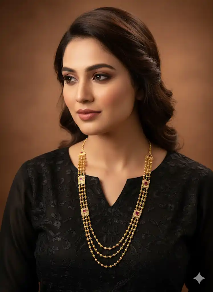 Micro Gold Plated AD Diamond & Ruby Stone Studded Fancy 3 Line Square Necklace for Women.png