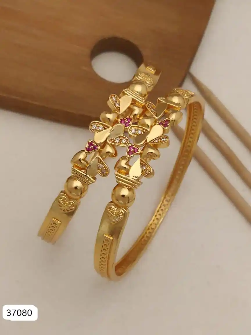 Micro Gold Plated And Diamond Studded Heart Shape Bangles For Women â€“ Set Of 2.png