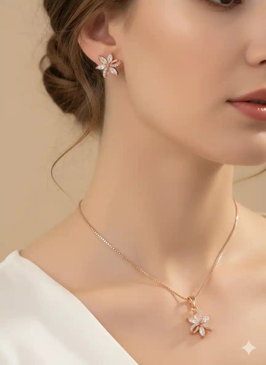 rose gold plated ad dimaond studed fancy flower pendent set with short chain.png