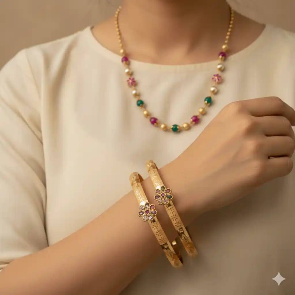 Micro Gold Plated Floral Stone Studded Traditional Bangle Pair with Pearl Chain.png