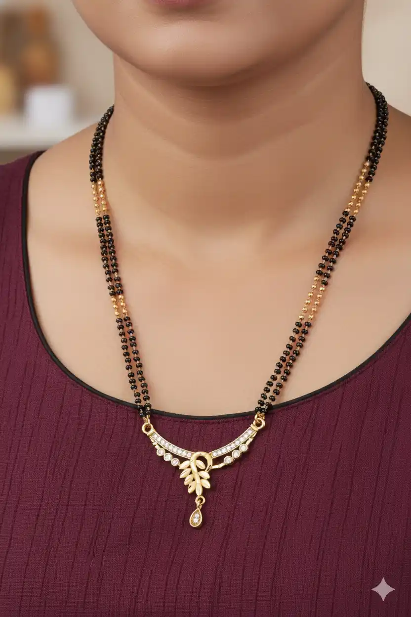 Micro Gold Plated AD Diamond Leaf Design 24 inches Mangalsutra with Drop Pendant.png