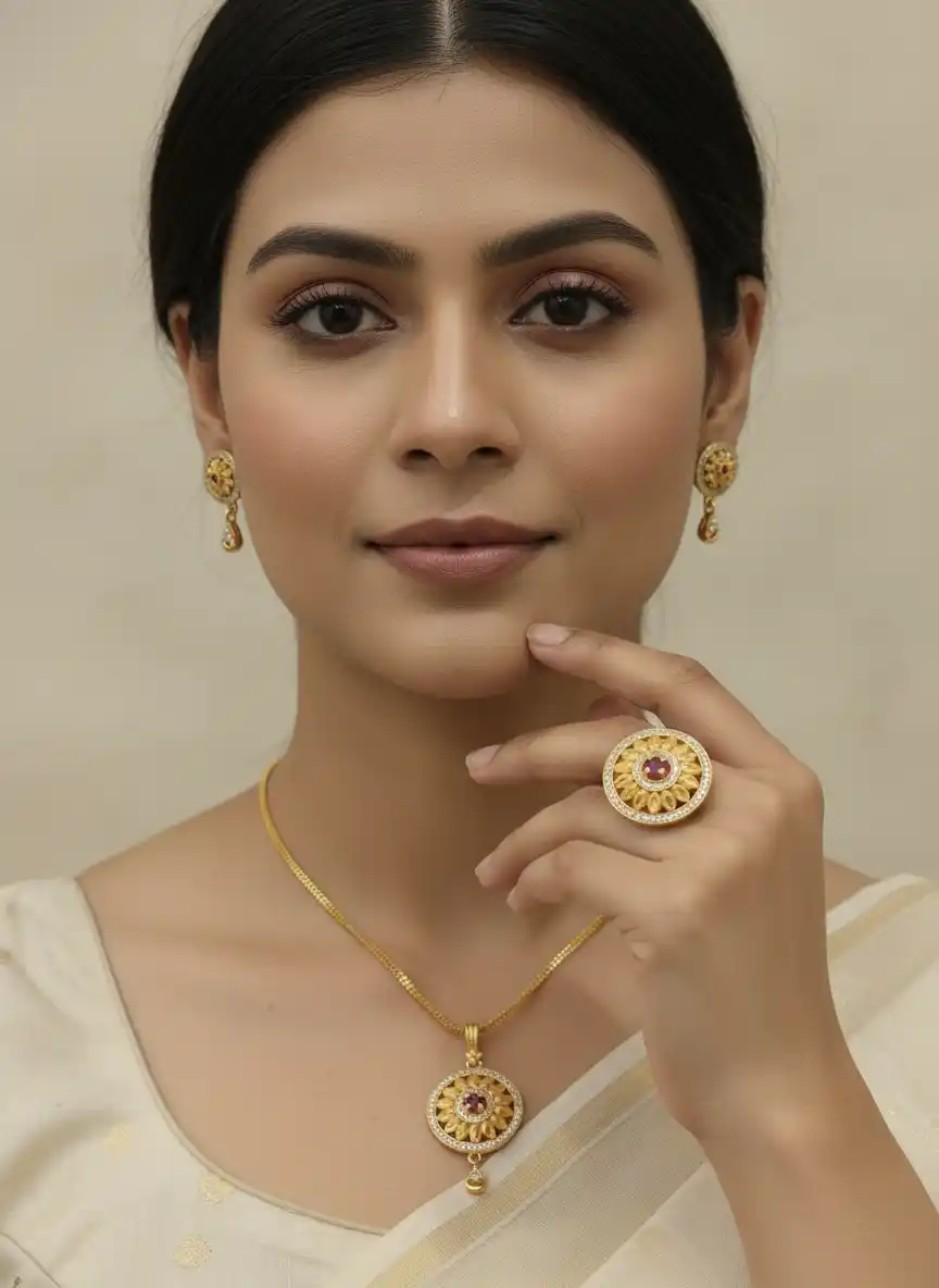 Gold Plated And Diamonds Studded Flower Pendant with Earrings.png