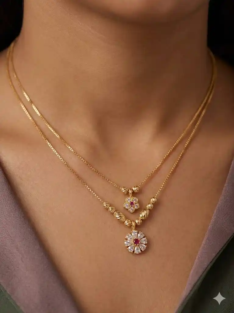 Micro Gold Plated Dual Layer Floral Pendant Necklace – AD Diamond Studded Elegant Daily Wear Chain.png